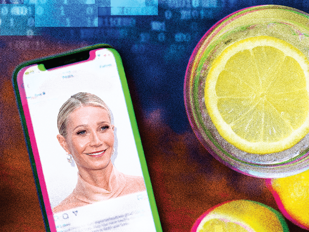 A photo and illustration combination includes lemons, lemon water, and Gwyneth Paltrow on a smartphone screen.