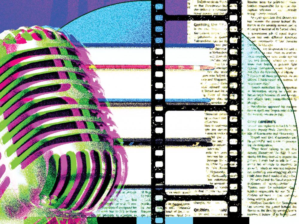 An illustration includes a microphone and the outline of a filmstrip in shades of green, purple, blue, and black, with the effect of color separation added to imply confusion and blurred lines.