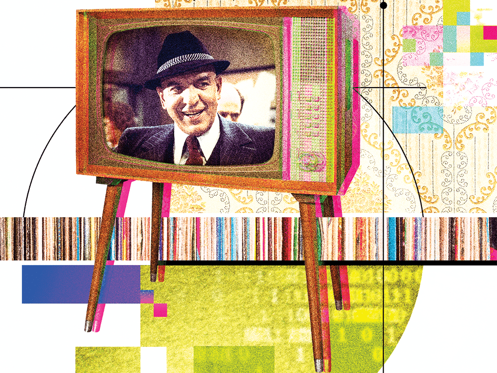 An illustration of an old-fashioned TV includes a screen image of the show “Kojak.”