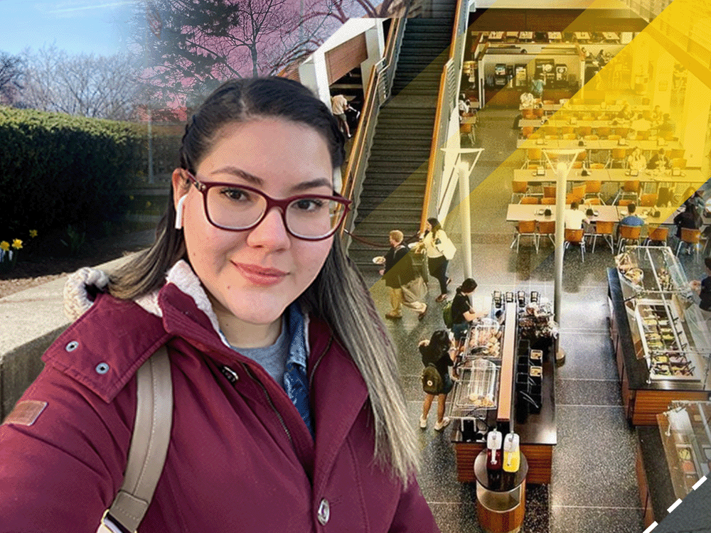 Ruth smiling toward the camera while standing outside. In the background there is a collage of campus images including images of spring, and an aerial view of a dining hall.