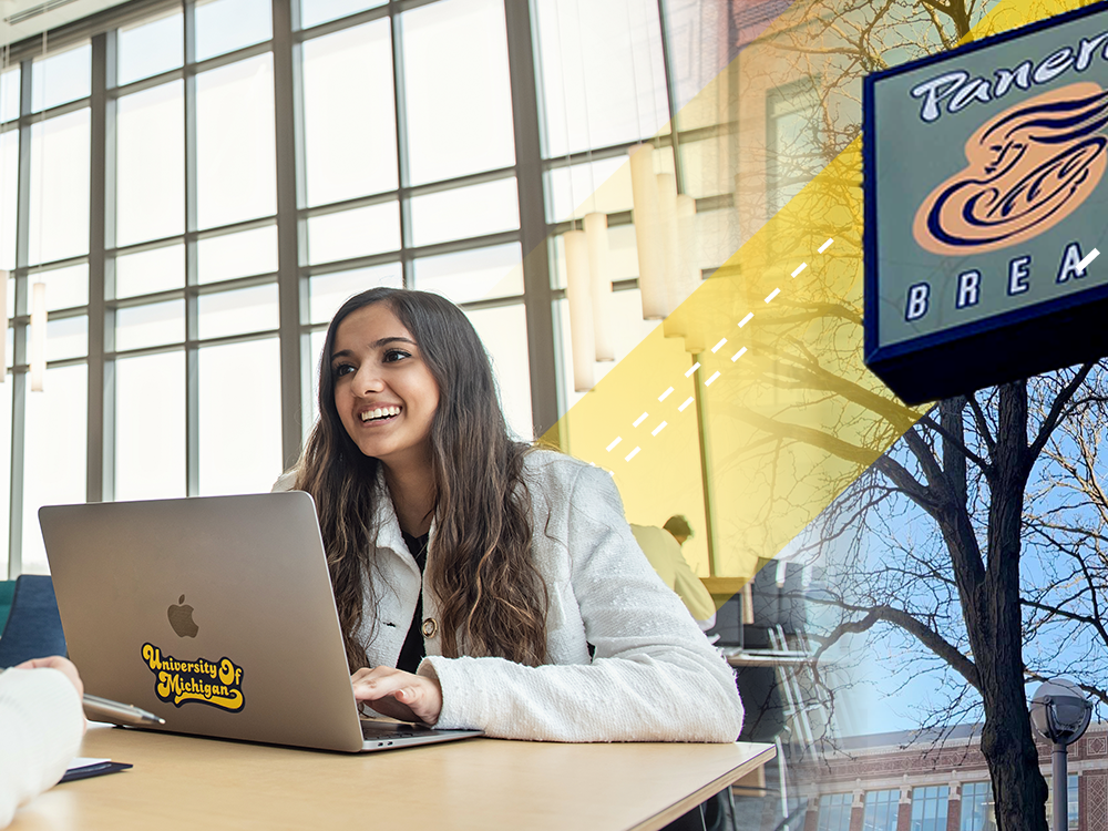 A collage of images. On the left, Talia sits at desk on a laptop and smiling. On the right is an outdoor image of a Panera Bread sign.
