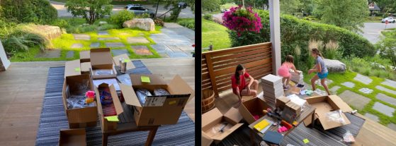 Side by side photos of a care package assembly line on an Ann Arbor front porch. Three children help package supplies into cardboard boxes.
