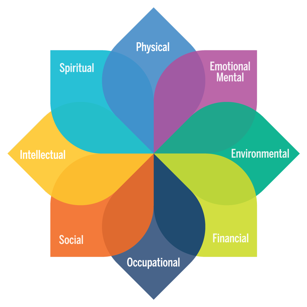 U-M's graphical well-being model which appears as a multicolor flower with overlapping petals displaying the following text: Physical, Emotional Mental, Environmental, Financial, Occupational, Social, Intellectual, Spiritual.