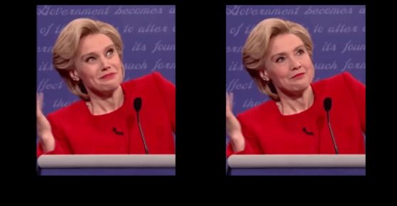 An image of SNL's Kate McKinnon (L) forged using deepfake software (R) intended to circulate online as an authentic image of Hillary Clinton
