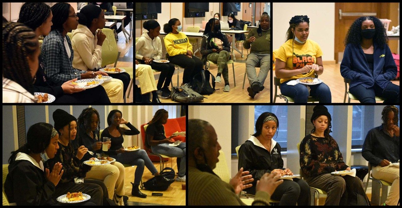 Group collage of Kemp Powers talking with Black Film Society members