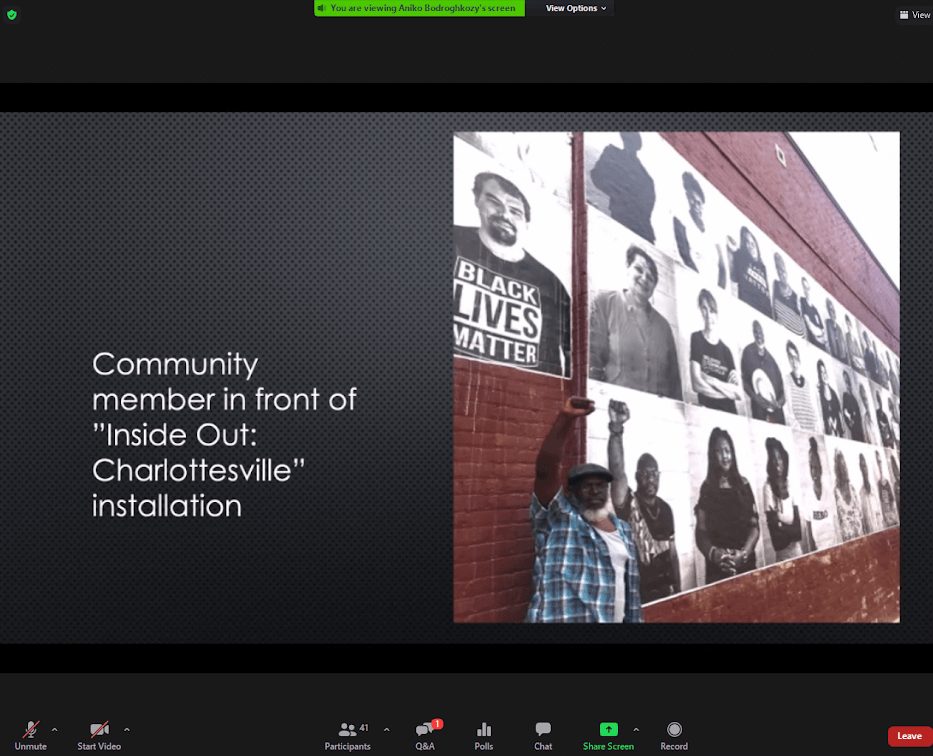 Community member by "Inside Out: Charlottesville" installation 