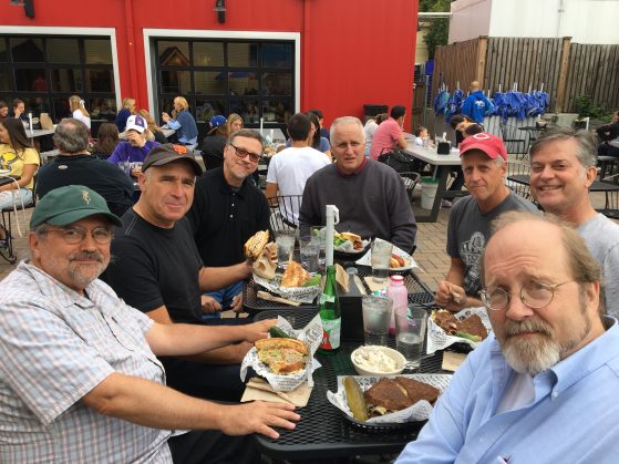 the group at Zingerman’s, clockwise from left: Geoff Howes, Martin Doettling, Garry Davis, Rob Bloomer, Russ Bloomer (Rob’s brother, not a former grad student), Chris Stevens, and Jeff Vahlbusch
