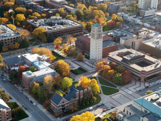 fall aerial photo of central campus