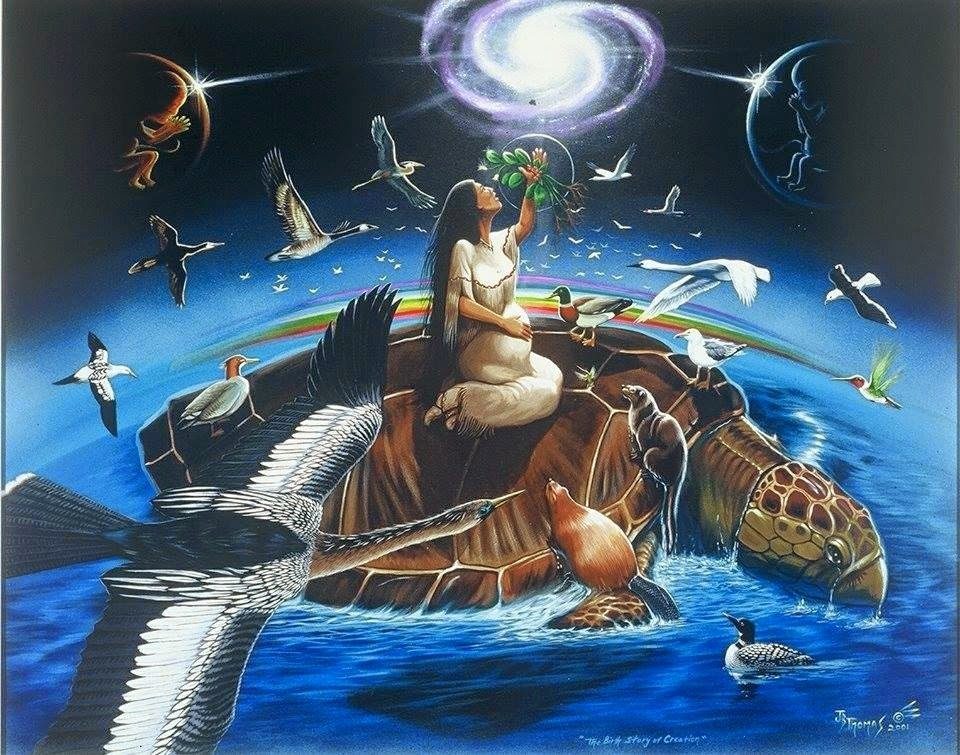 Skywoman and various birds on the back of a turtle in the water