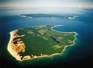 An aerial image of the Manitou islands