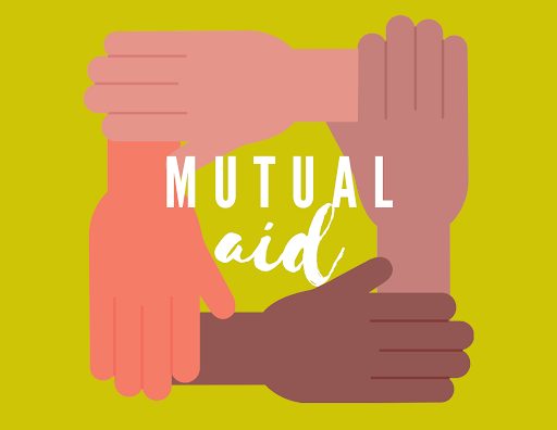 Four hands holding each other around the text "mutual aid"
