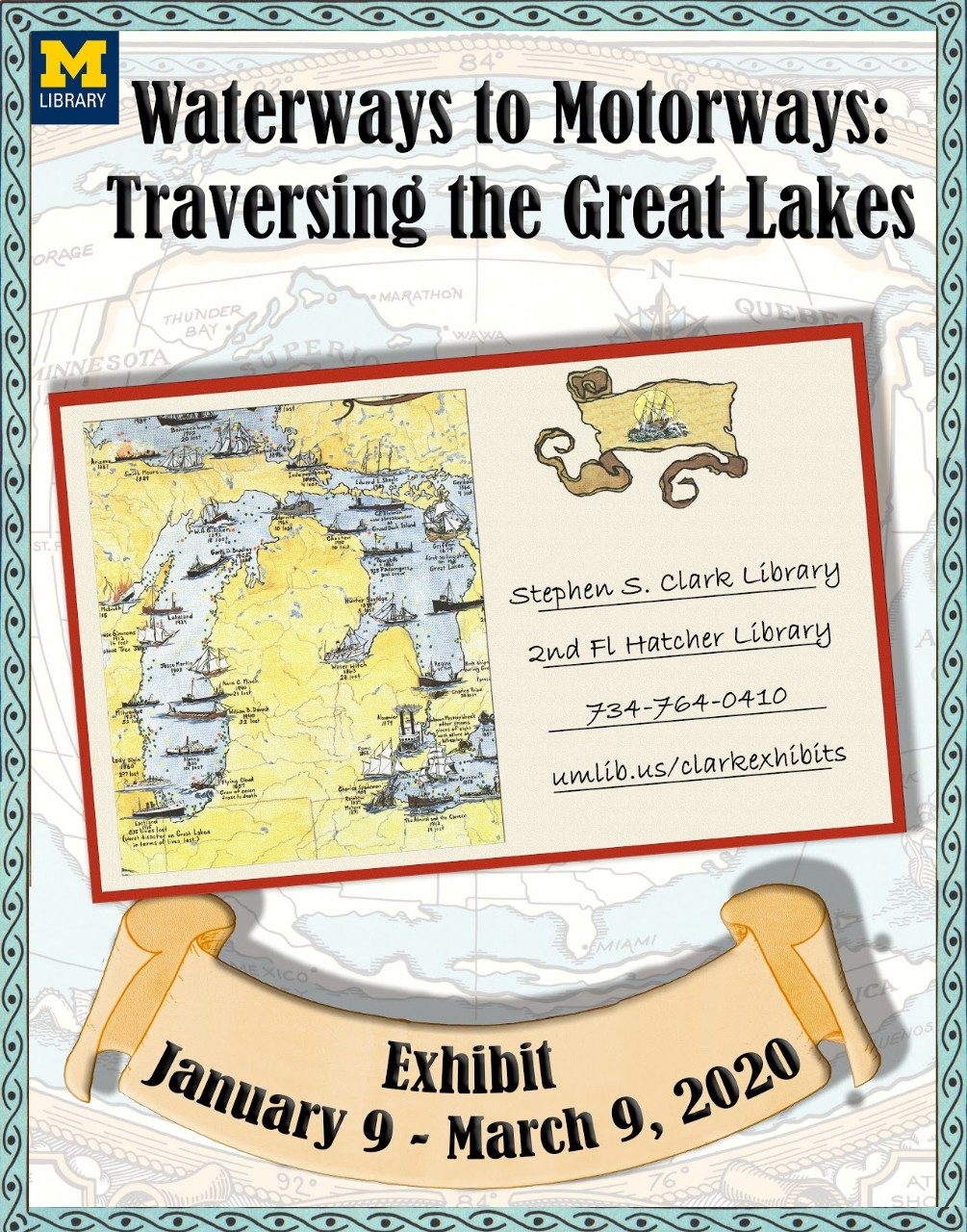 Flyer announcing exhibit title and dates along with a map of the Michigan penninsulas