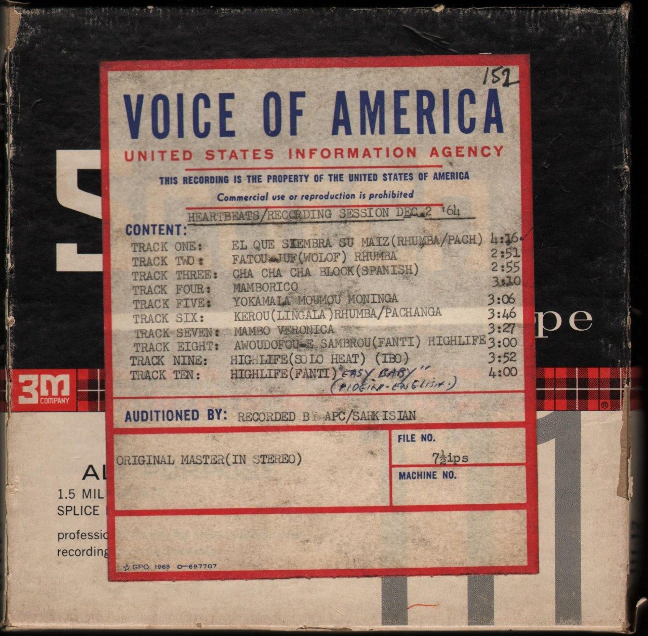 case for VOA African Music Collection sound recording, U-M tape 0015