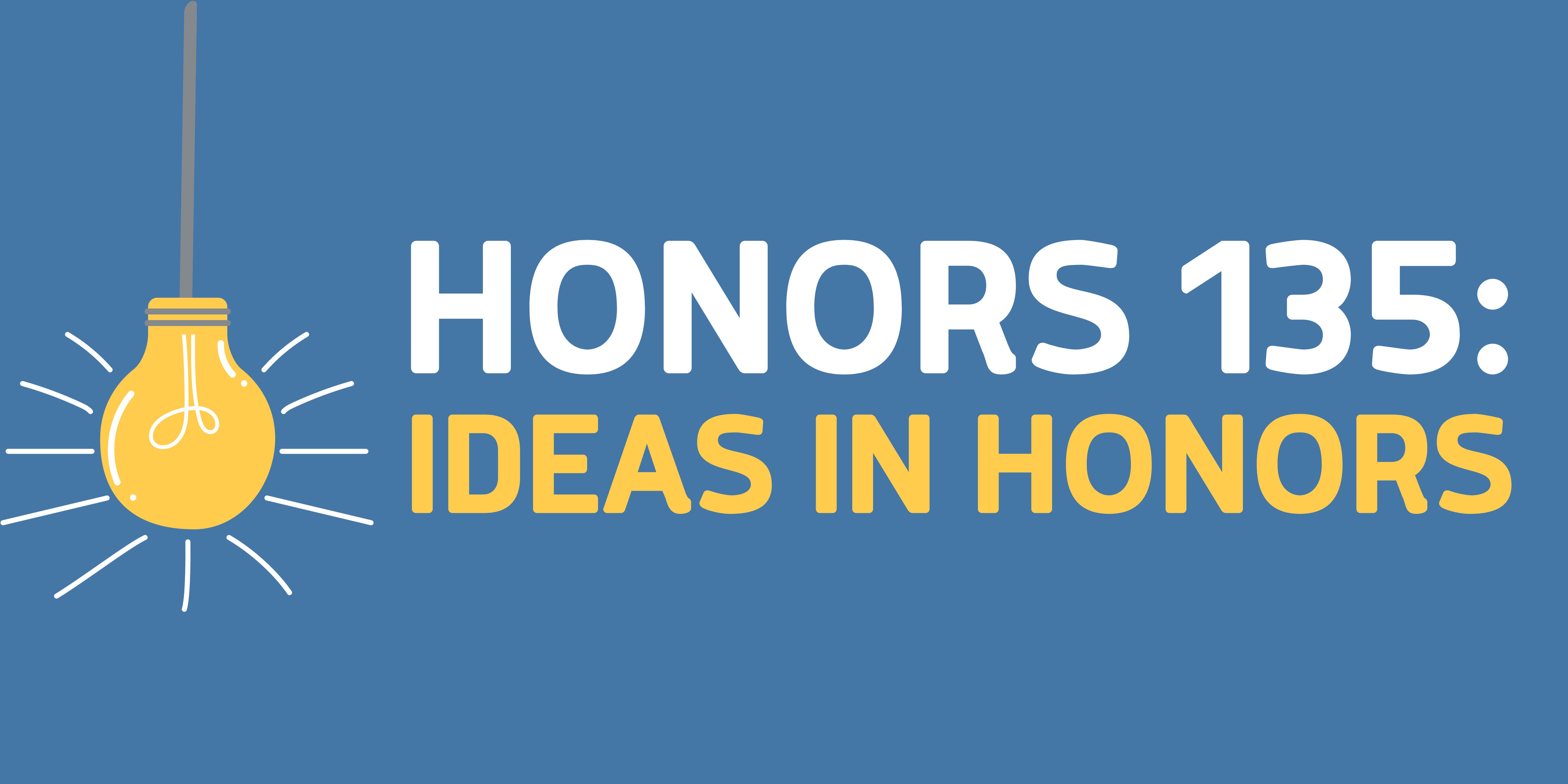 Blue Banner with an animated light bulb shining next to the heading: Honors 135: Ideas in Honors