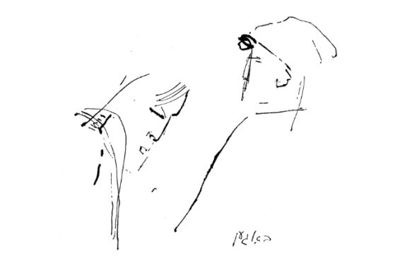 simple line drawing of two faces looking at eachother by Alexan­der Bogen accom­pa­ny­ing Avrom Karpinovitch’s story ​“Don’t For­get,” 