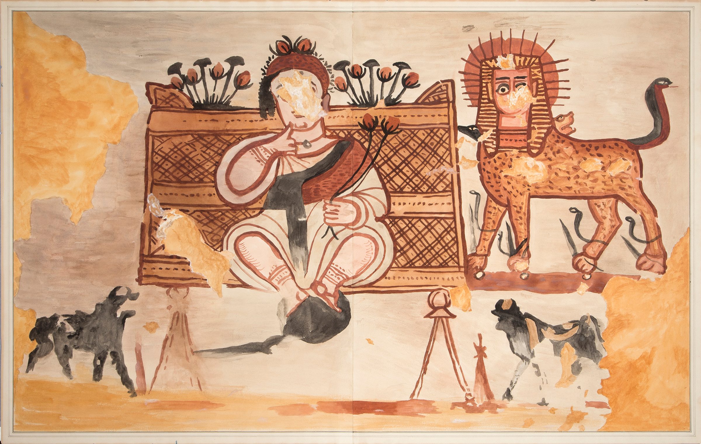 Watercolor painted with different shades of red, brown, and black. The deity Harpocrates sits near the center with a hand raised in a “silence” gesture. Images of bulls and a sphinx surround him. 