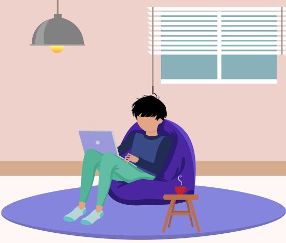 illustration of student sitting in blue beanbag with laptop