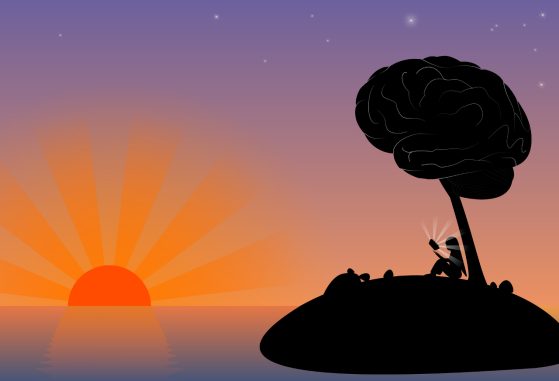 Illustration of sunset with black island in foreground showing silhouette of a woman reading a book under a tree