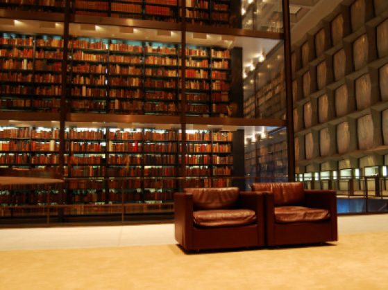 Beinecke rare book and manuscript library with two chairs in the foreground.
