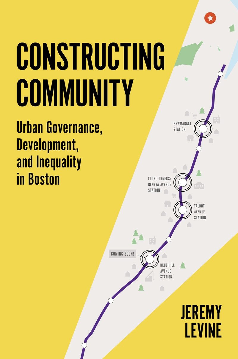 Book cover; Solid yellow main background with book title in upper lefthand corner and author name in lower right, plus triangular cutout with graphic of Boston stations starting from Blue Hill Avenue Station at the bottom and traveling up to New Market Station. Train line visualized with a purple band.
