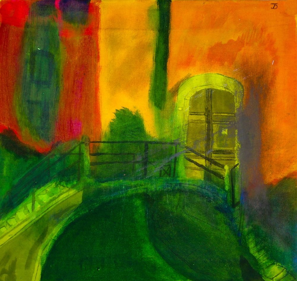 Impressionist acrylic painting of a bridge leading to an arched, closed door. Painting with color blocks of greens, reds, & yellows.