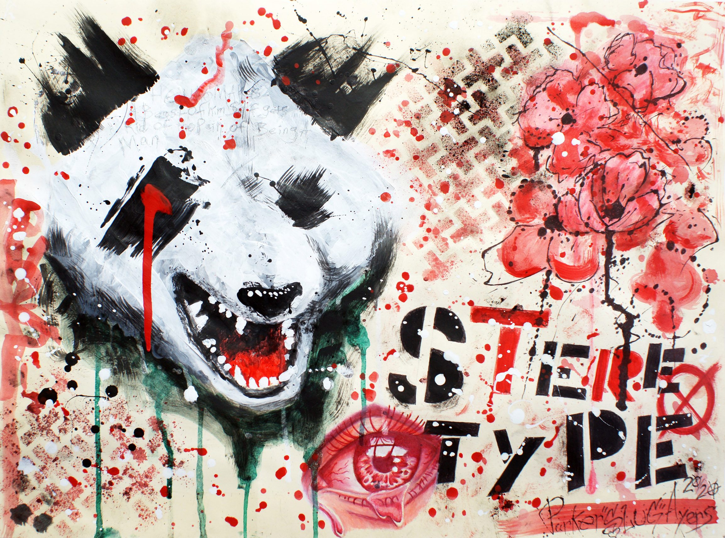 painting of panda bear with bleeding eye and background of graffiti flowers and the word "stereotype"