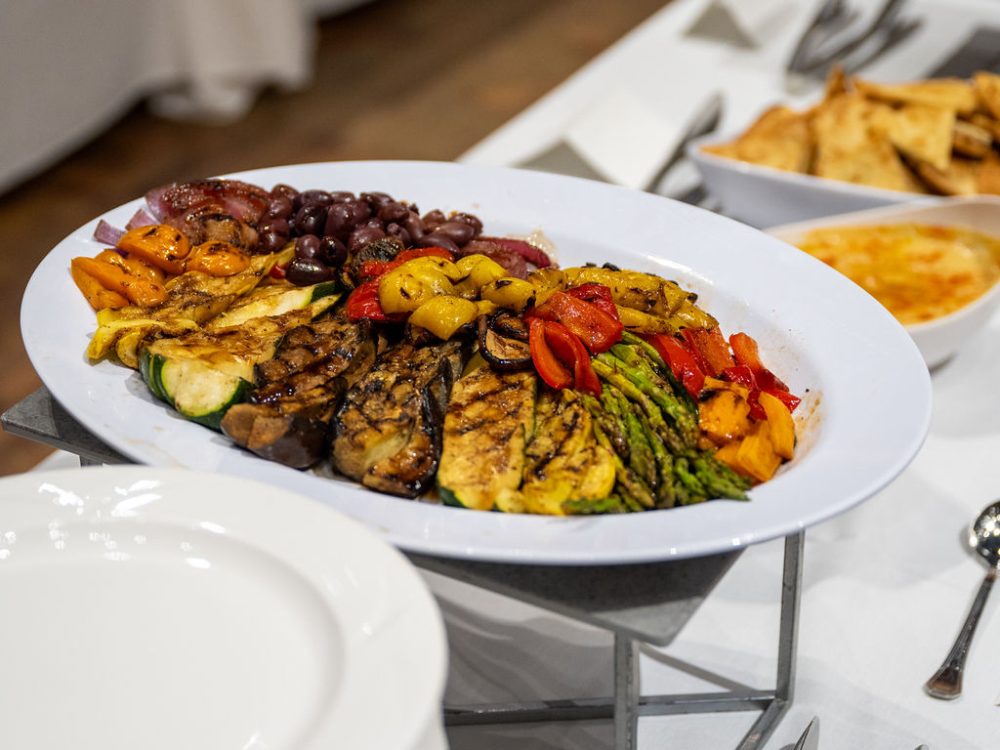 a serving plate of colorful grilled mixed vegetables 