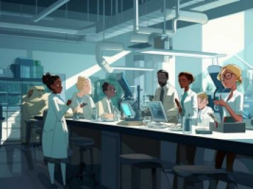 Illustration of a divers grou of students studying physics in a lab.