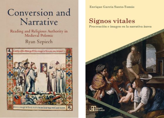 Image of two book covers. The book on the left is of "Conversion and Narrative: Reading and Religious Authority in Medieval Polemic" by U-M faculty member Ryan Szpiech. A painting of two groups of men in robed attire can be seen; One of the men is presenting a painting of the Virin Mother Mary and Baby Jesus. The book on the right is of "Signos vitales: Procreación e imagen en la narrativa áurea" by U-M faculty member Enrique García Santo-Tomás. A painting of four women and a baby can be seen on the cover. Two wash-bins can be seen.