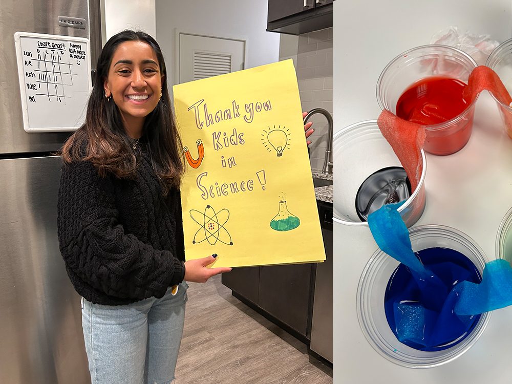 Left: Ashna Mehra holding a sign that reads "Thank you Kids in Science" Right: A science experiment