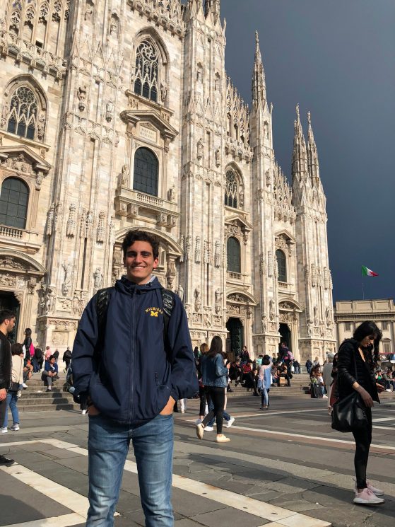 Image of U-M Alum, Anthony DiBello (Italian Minor) standing in front of the Dumo di Milano in Milan, Italy.
