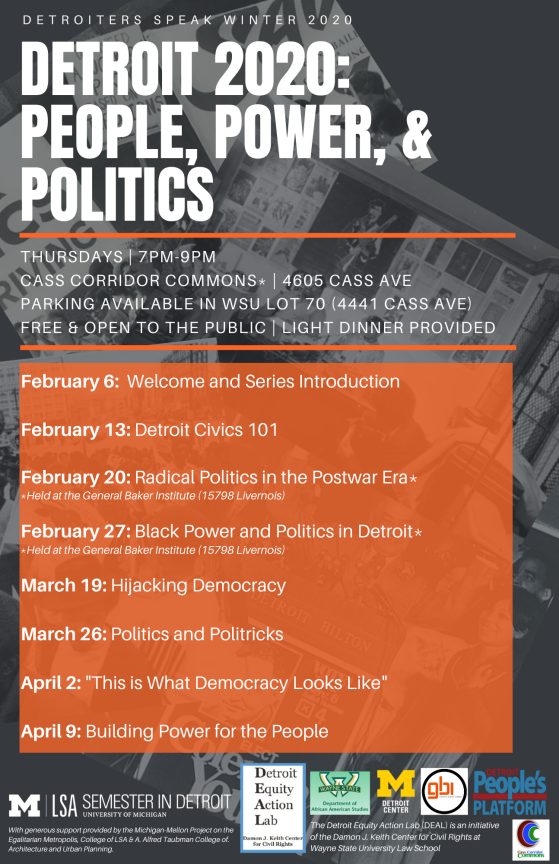 Poster for Detroiters Speak Winter 2020, all information included in text on this page