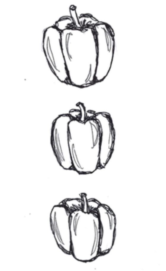 Black and white sketch of 3 bell peppers stacked on top of one another