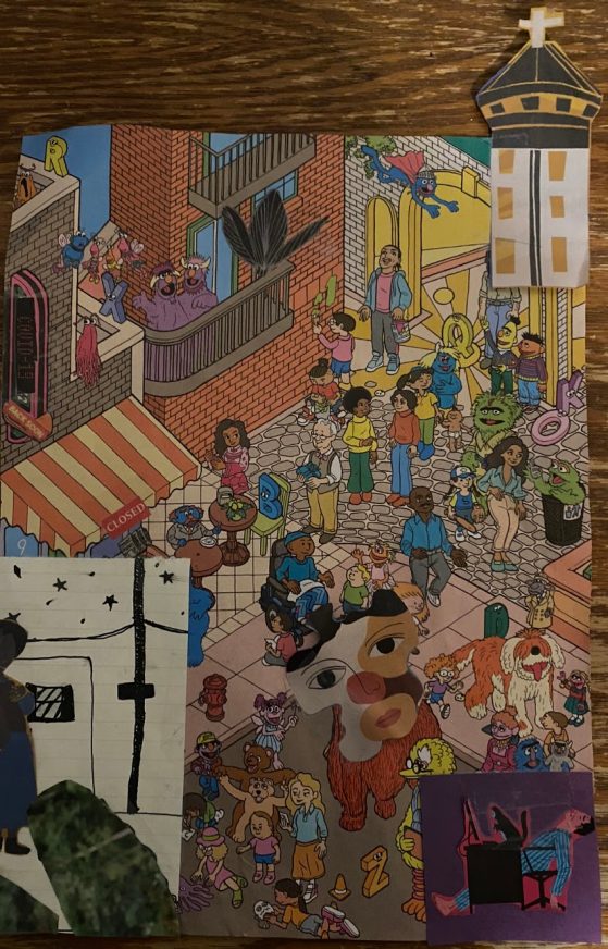 Colorful collage filled with cartoon people moving about a busy square
