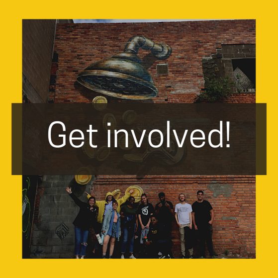 Greyed out image of students in the background with text over it that reads "get involved!"