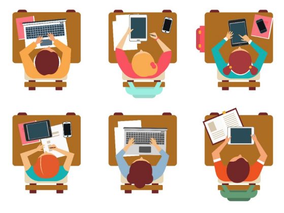 Flat vector set of students sitting behind desks, top view. Pupils of school or university. Education theme