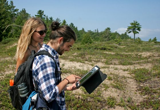 Students use an iPad for data collection in a secondary dune landscape.
