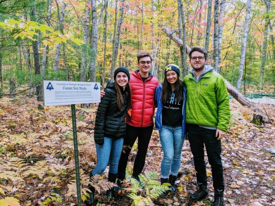 Nadelhoffer Lab Manager John Den Uyl (far right) with UROP students (left to right) Rhianna Lucas, Julien Malherbe, and Olivia Tu at the UMBS DIRT site.