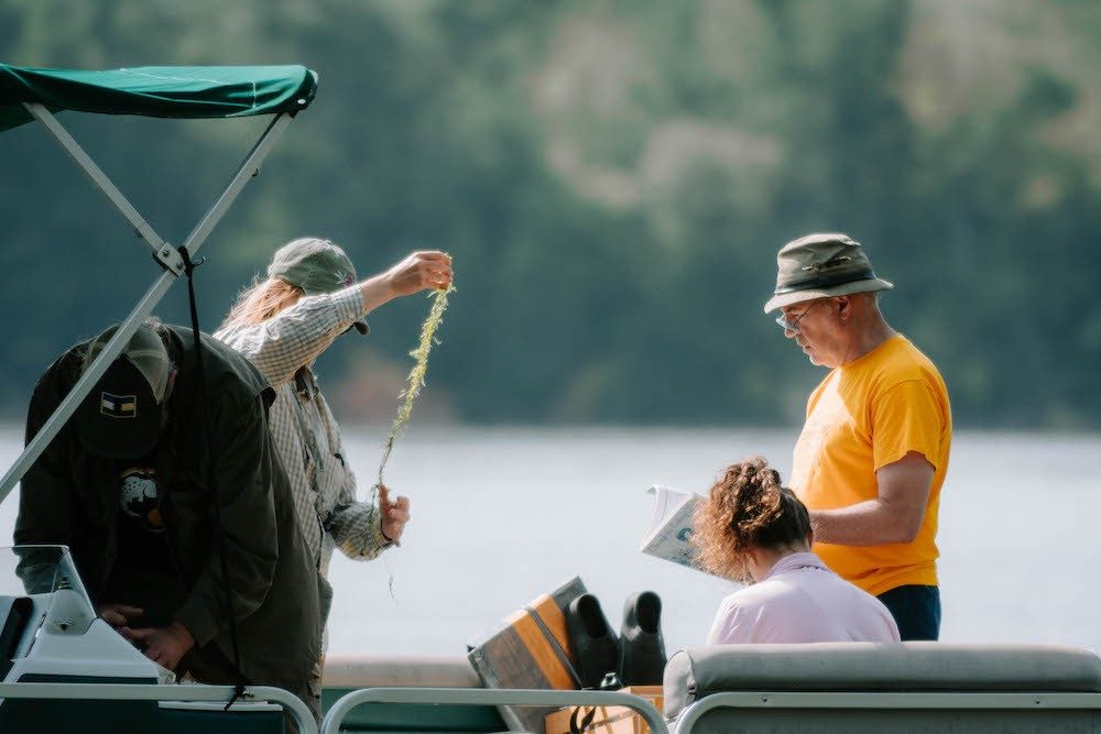People on a boat holding plants and a book