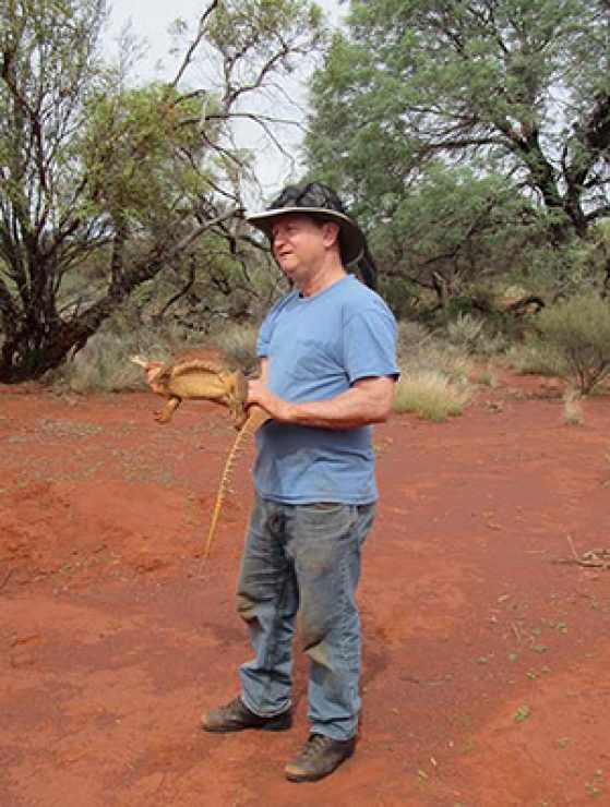 Greg Schneider, collection manager, Reptiles and Amphibians Division, U-M Museum of Zoology, in Lorna Glen, Australia during a brief encounter with a monitor lizard.