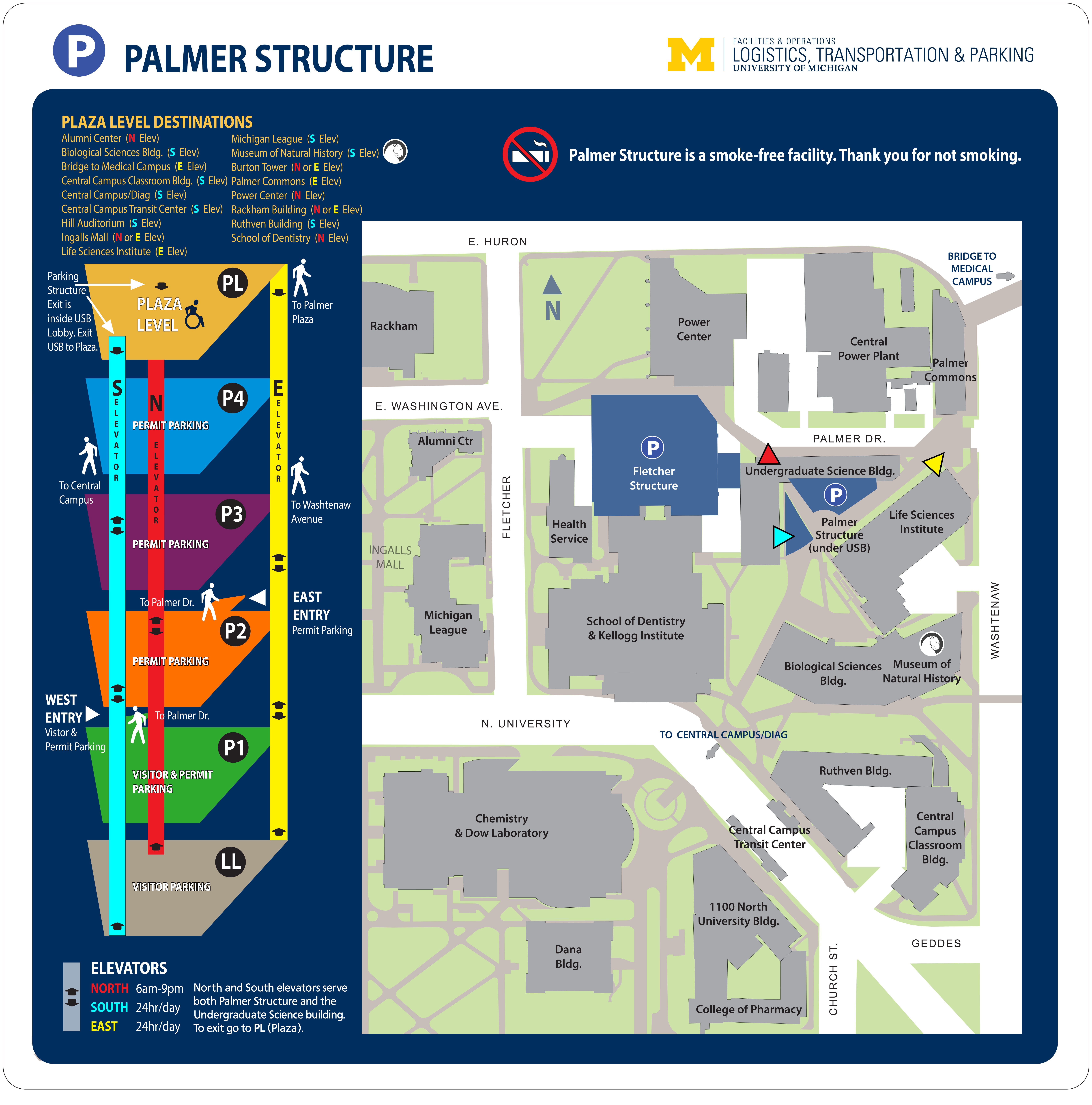 Parking Map with directions to the Palmer Structure and the elevator levels of the building