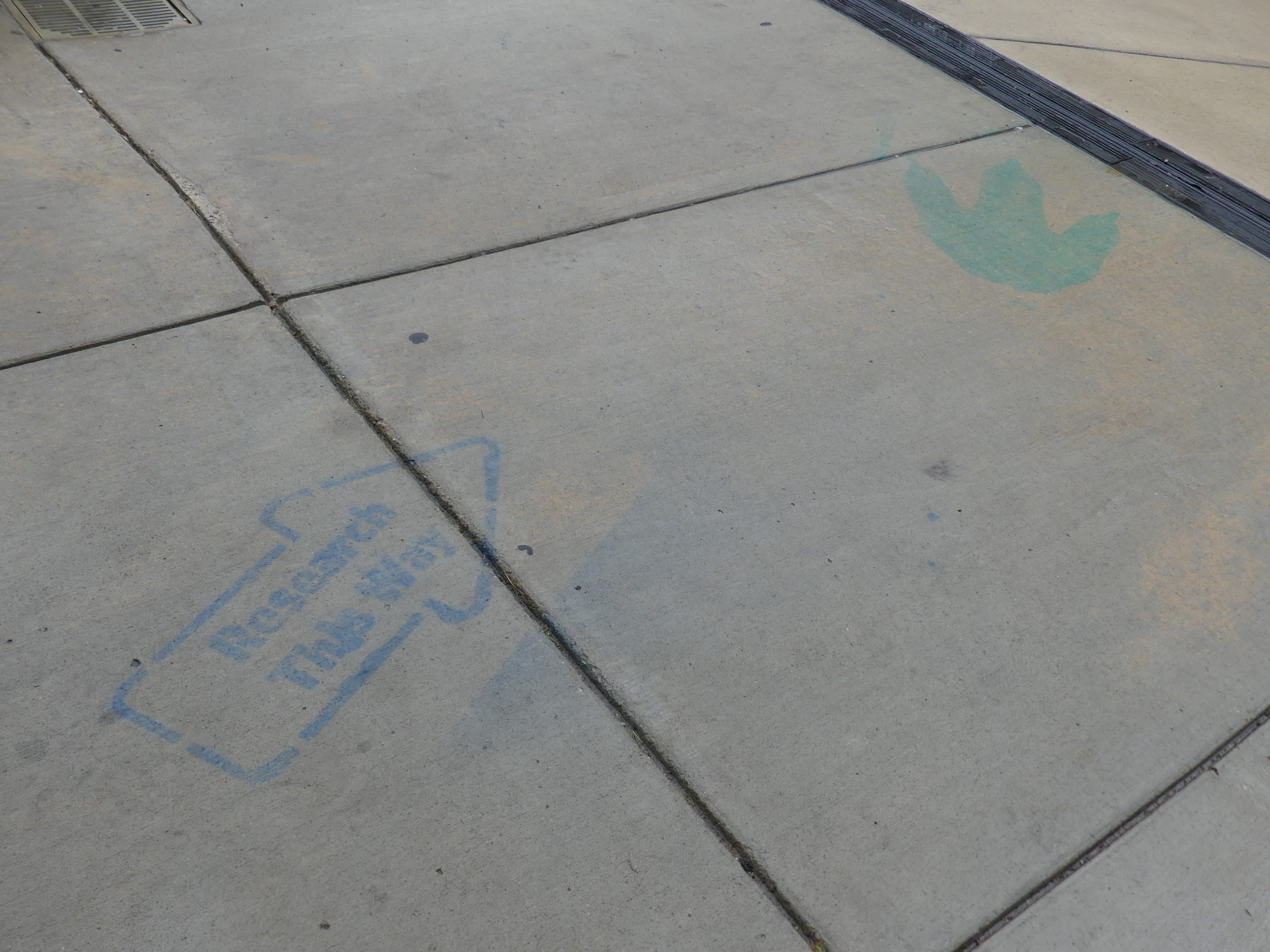 "Research This Way" stencilled inside an arrow chalked on a side walk