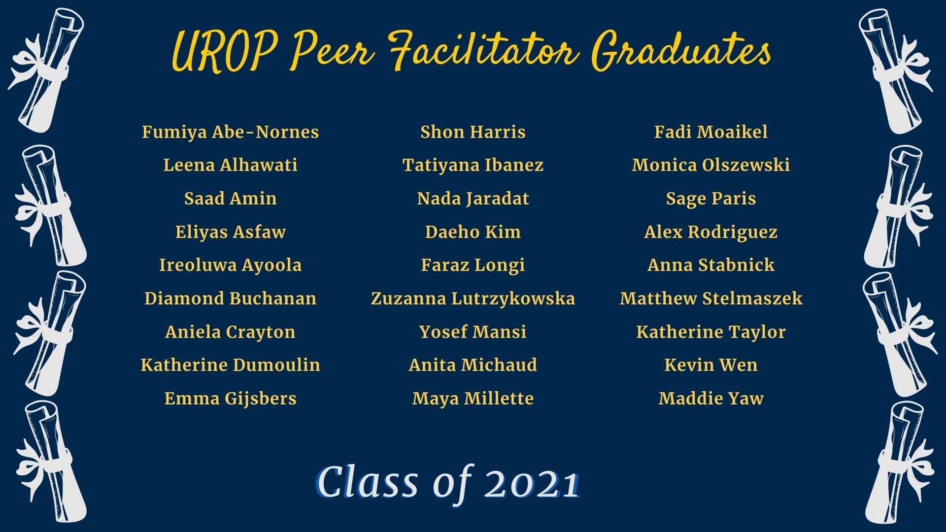 Full list of Peer Facilitators graduating with the class of 2021