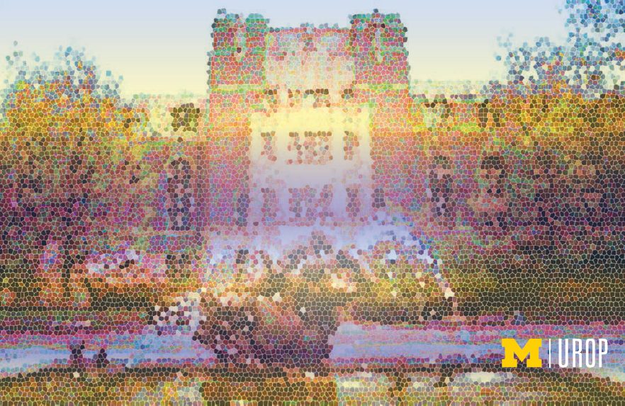 Pixelated image of a University of Michigan building and fountain